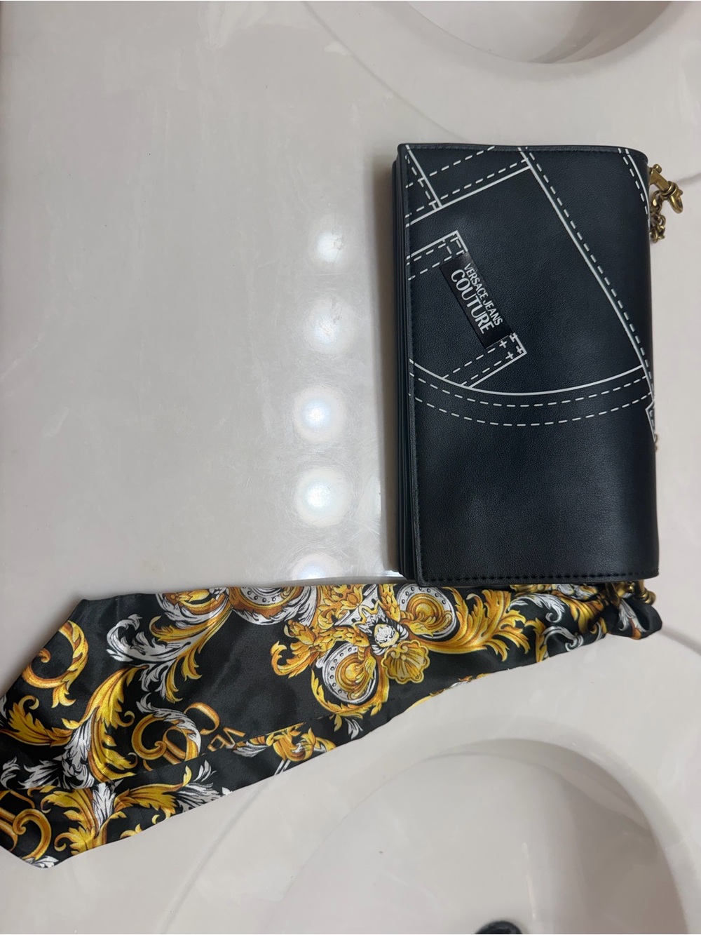 Versace Jeans Collection Black Wallet with Gold-Print Scarf Accent